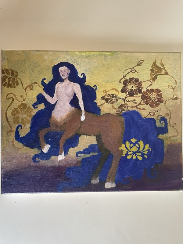 Centaur Art Nouveau Original Painting Blue And Gold Unframed