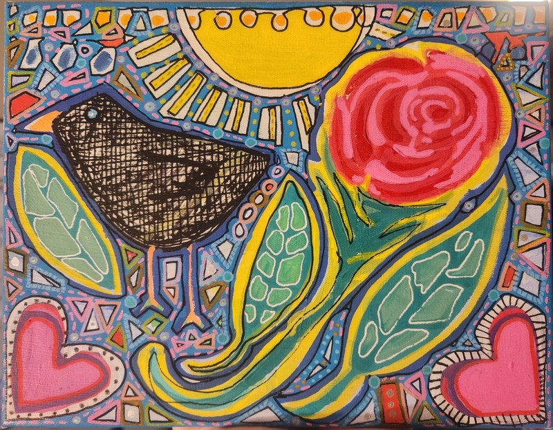 Black Bird With Rose- Original Abstract Acrylic Painting On Stretched Canvas