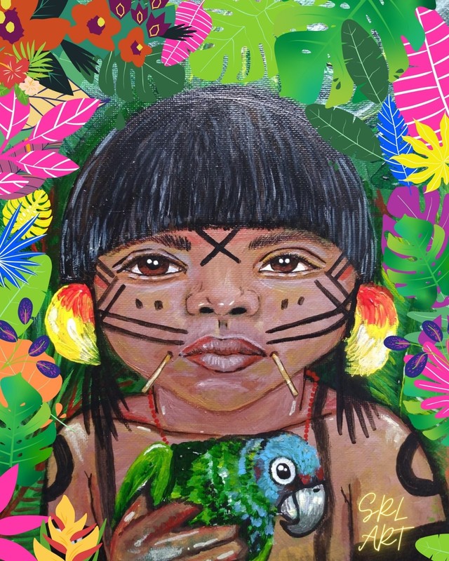 South American Yanomami Artwork Amazon bright colors new 23 x 17 x 5