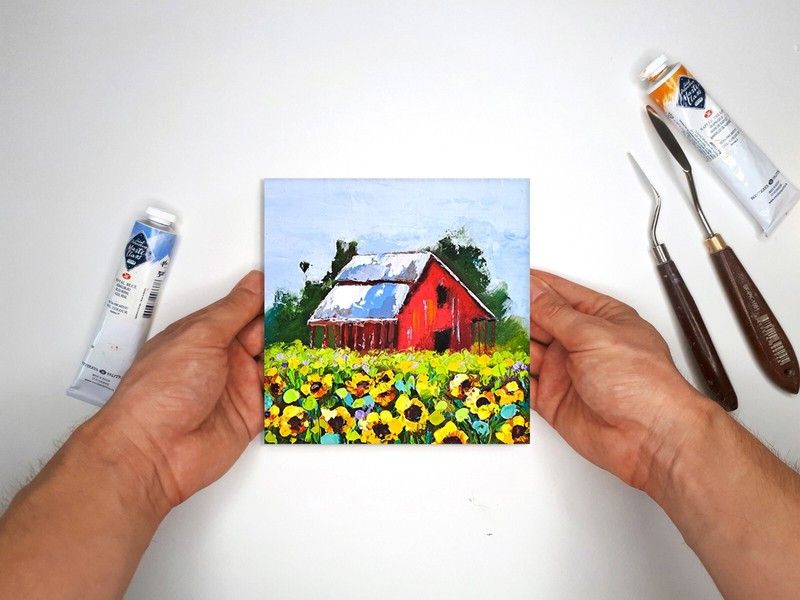 Sunflowers Painting Texas Original Art Red Barn Oil Painting Flowers Small Art gallery