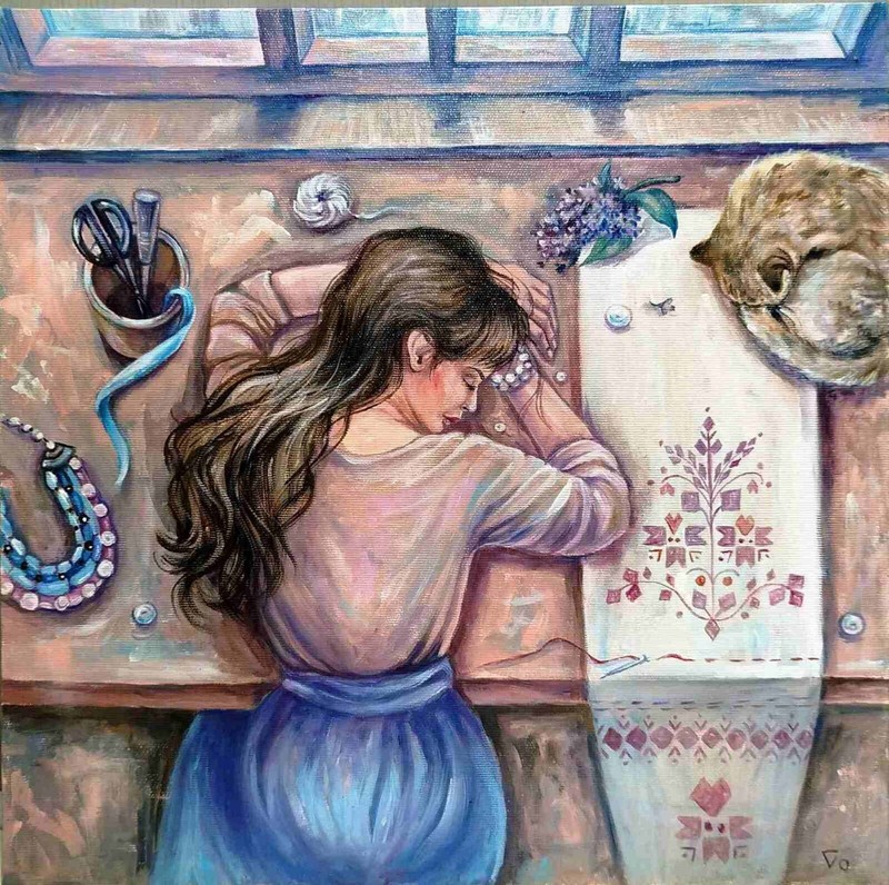 Original Acrylic Painting, Ukrainian Woman with Cat, Ukraine Symbolism, Art gallery