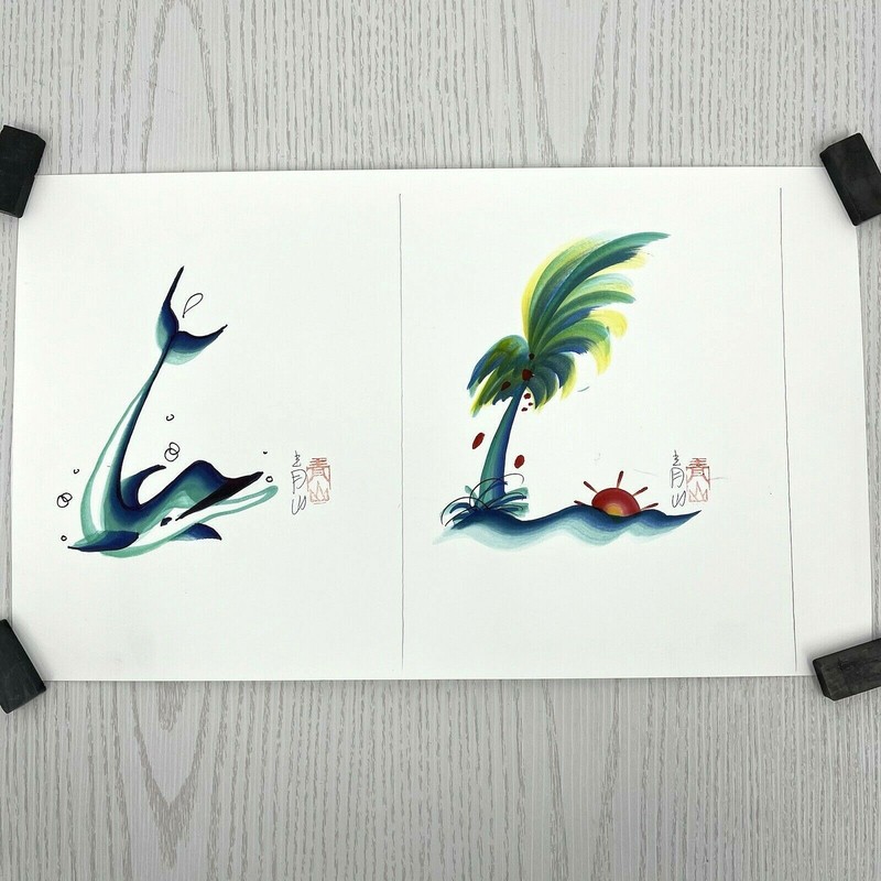 Dolphin & Tropical Palm Tree Paintings Leather Brush Art Ink Watercolor Signed