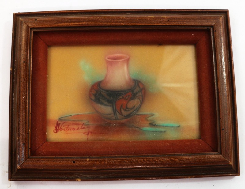 Pottery bowl by Frog Woman Pastel Airbrush Painting in Wood Frame 6.25 x 8.25 in