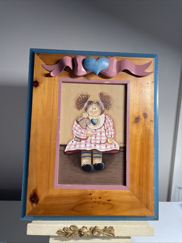 Dianna Marcum Painting on Canvas Framed (11 x 14) Girl with Pigtails & Doll