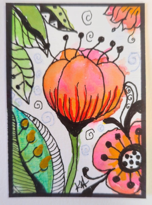 ACEO ATC miniature art, Poppies, Flowers, Orange, Pink by Kelly Herbold