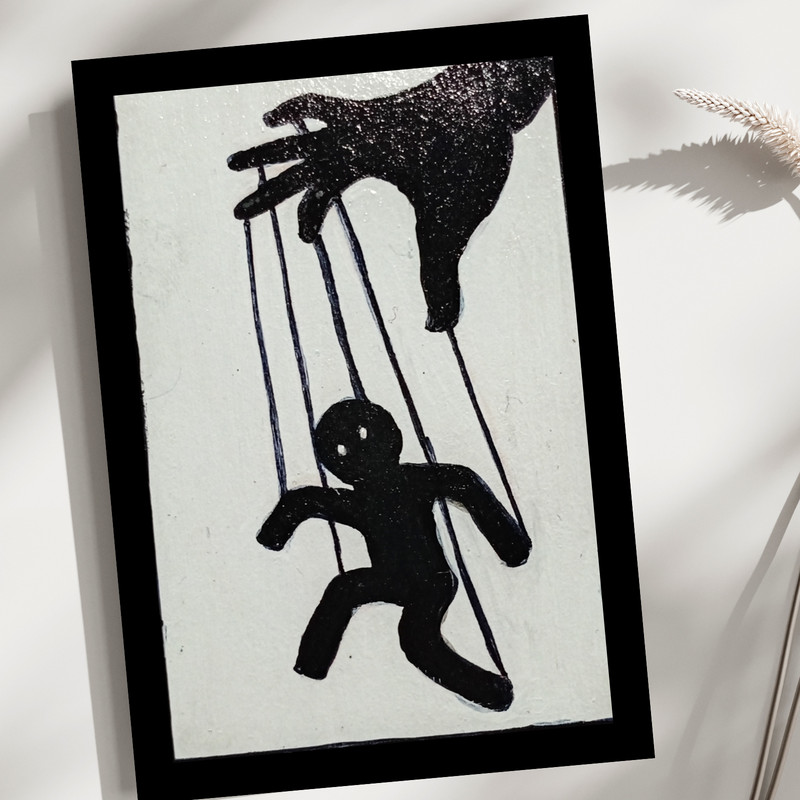 ACEO Original Acrylic Painting Black & White Puppet Handpainted Miniature Art