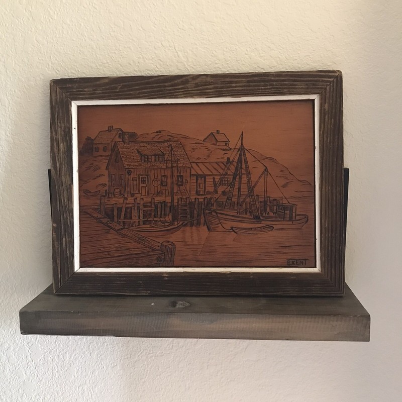 E. Kent wood carving rustic boat water Harbor folk art primitive wall Plaque
