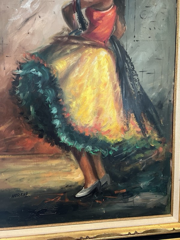 Vintage Spanish Flamenco Dancer Large Framed Oil Painting By Moreno 32"x 44" gallery