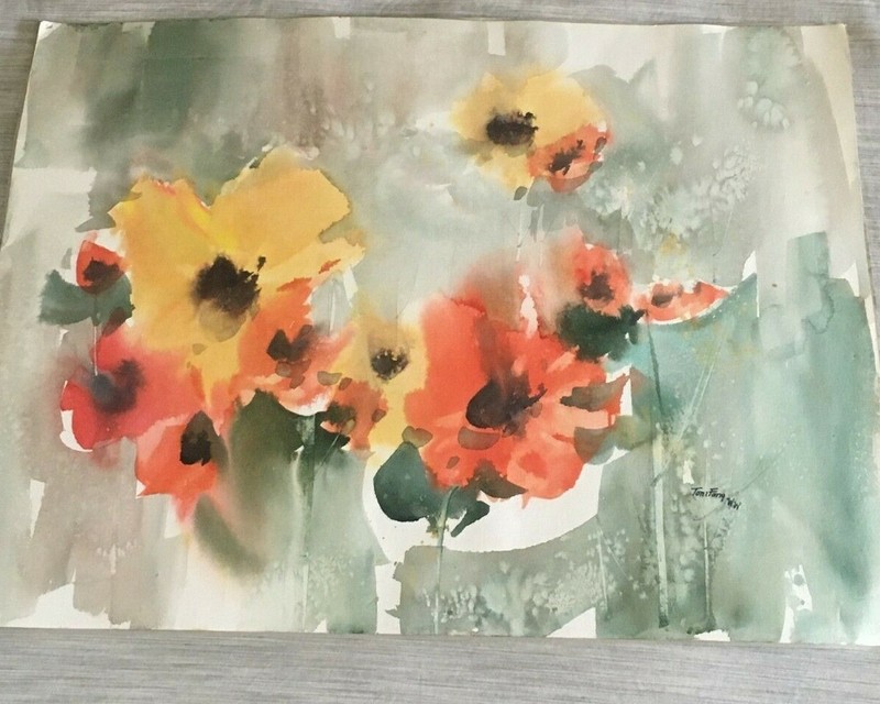 CALIFORNIA ABSTRACT POPPIES WATERCOLOR PAINTING TOM FONG CHINESE AMERICAN ART