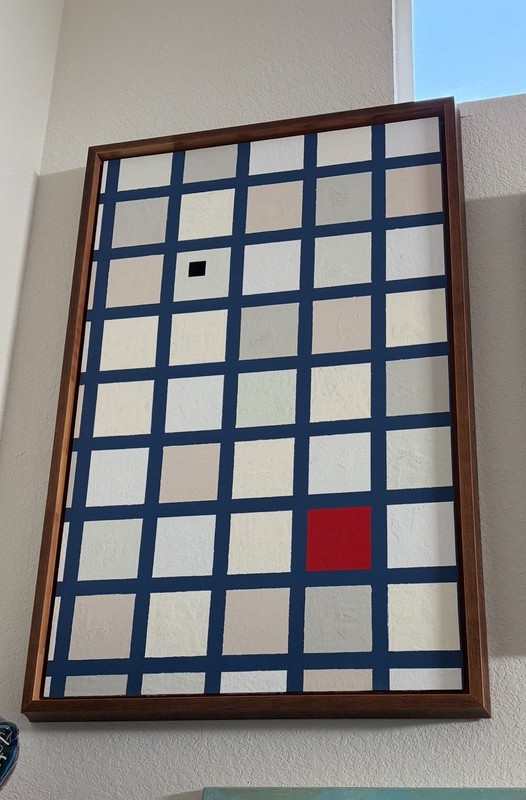 Rare Squares Oil Painting Art on Wood in Frame Abstract Shapes Blue White Red