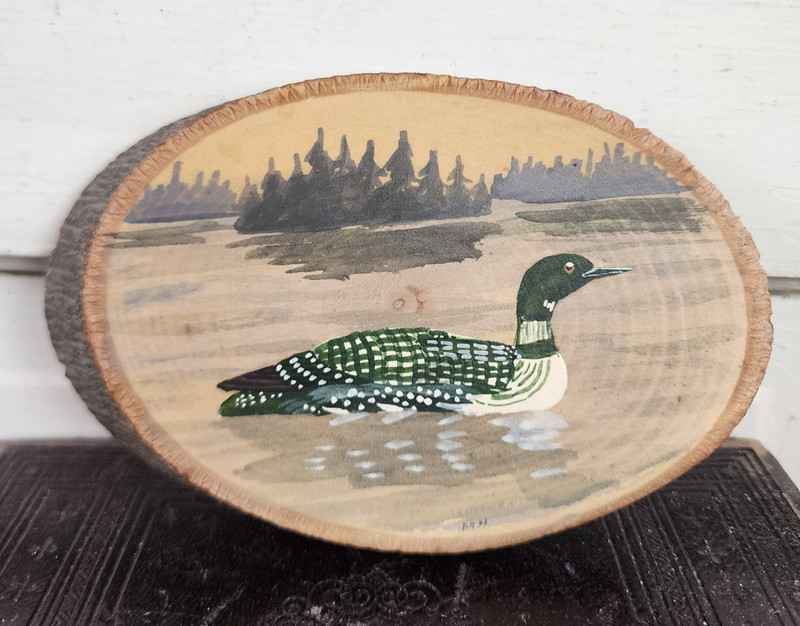 VTG Rustic Loon Duck Original Folk Art Painting Wood Slab Live Edge Signed Cabin