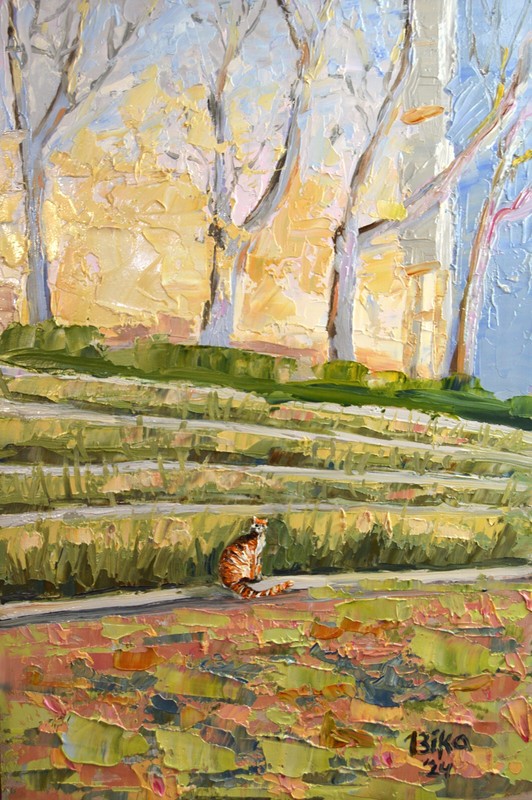 Cat Landscape Painting Vintage Style Orange Feline at Sunset Original Signed