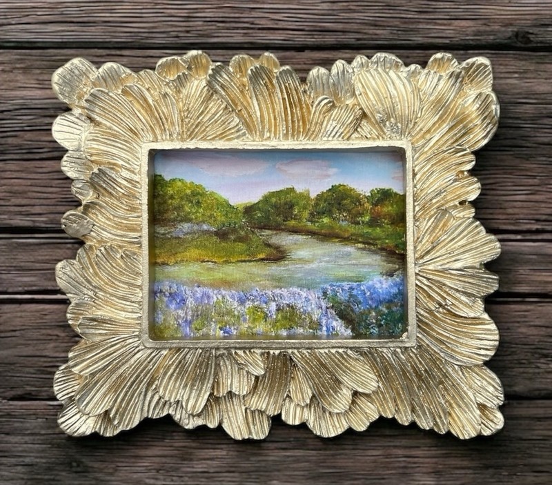 Texas Bluebonnet landscape mini print in gold vintage style ornate frame