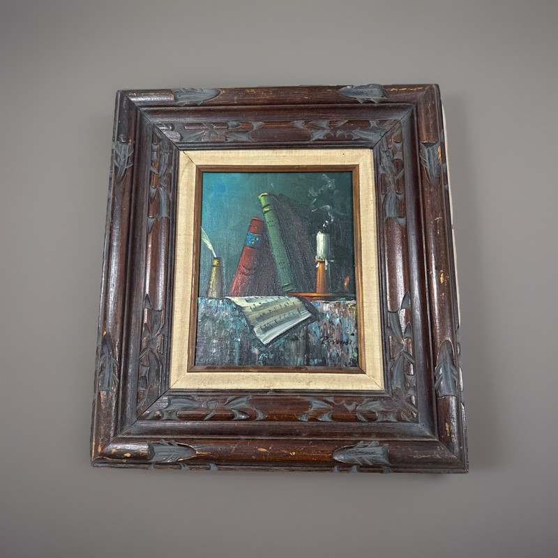 Vintage Still Life Oil Painting – Books, Candle & Sheet Music – Framed Rossi Rar