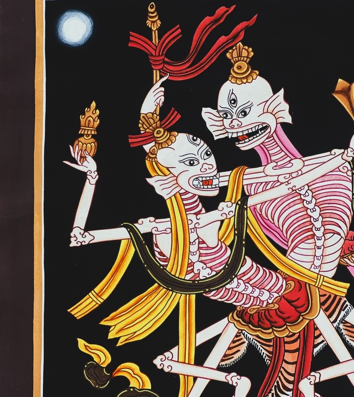 CITIPATI DANCING SKELETONS HAND-PAINTED TIBETAN THANGKA ART WITH SILK BROCADE gallery