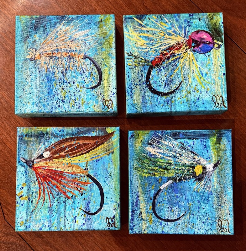 Set of 4 Original Oil Paintings/Fly Fishing Flies. Jodi Monahan Artist Signed
