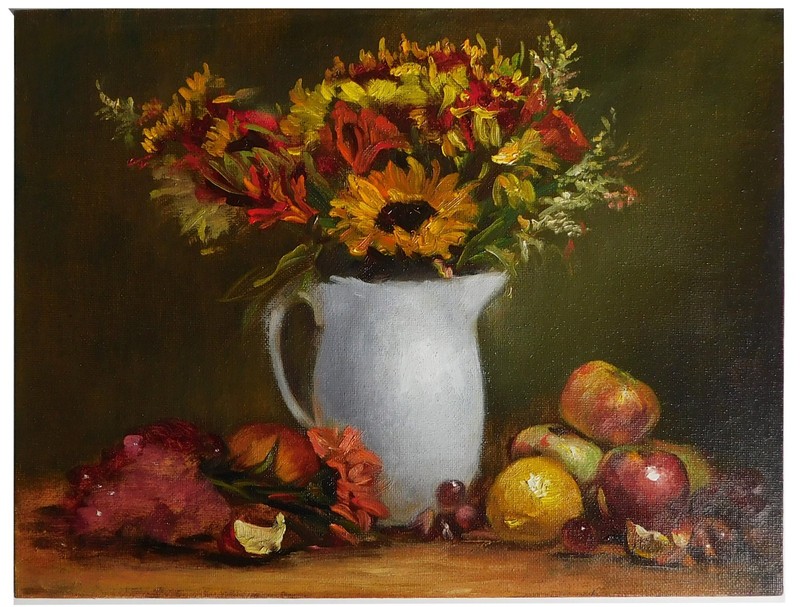 Vintage Original Oil Painting Realism Still Life Flower in White Picher w Fruits