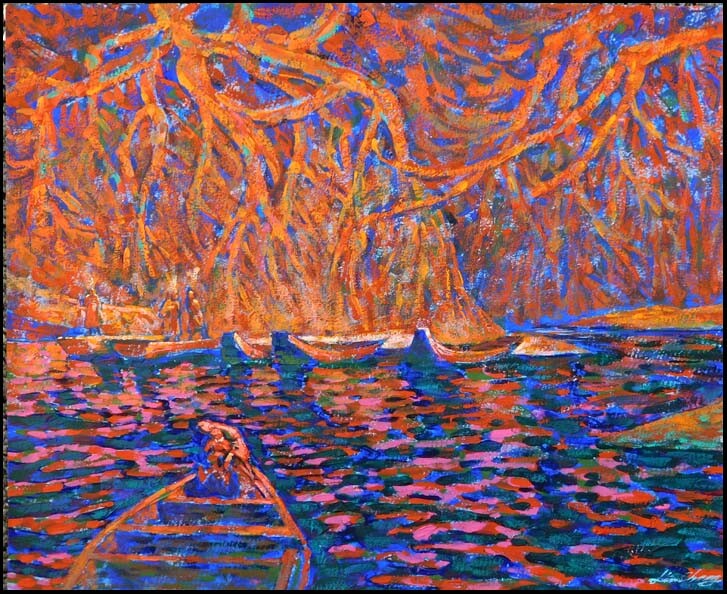 Lin Chong Original Acrylic Painting America Indian of Riverside Hand Signed