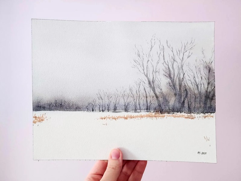 Original Minimalist Winter Landscape Watercolor Painting Snow Trees 10.25x8 gallery