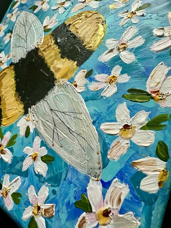 Original Acrylic Textured Canvas Painting Bumble Bee Flower Nature Art Framed gallery