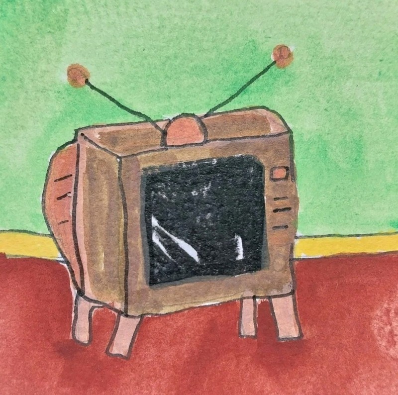 Original Art Painting Whimsical Retro TV On Paper 3 inch Home Decor Signed GAT