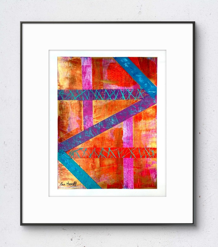 Original Gold Art 14x11 Paper Bold Color Modern Abstract Expressionist Painting