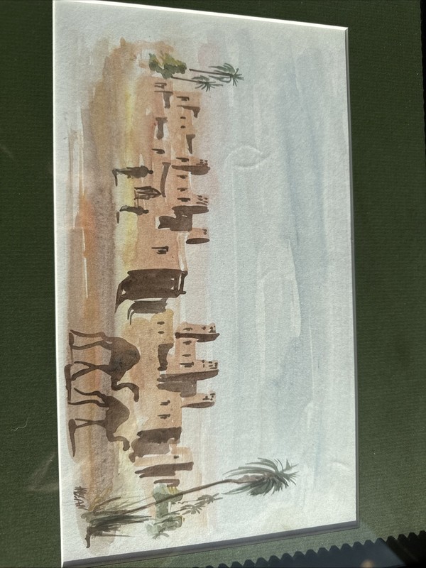 Fine Artist Signed Watercolor Arabian Travelers Camel Palm Trees in Desert Frame gallery