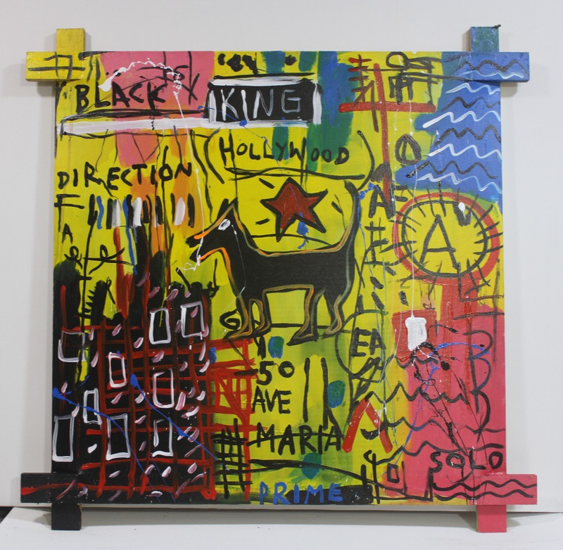 JEAN-MICHEL BASQUIAT ACRYLIC ON CANVAS 1982 WITH TIED WOOD SUPPORTS 35 X 35 in gallery