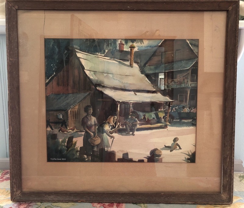 Charles Lind 1945 Watercolor Painting Southern USA Historic Town Scene 24 x 21”
