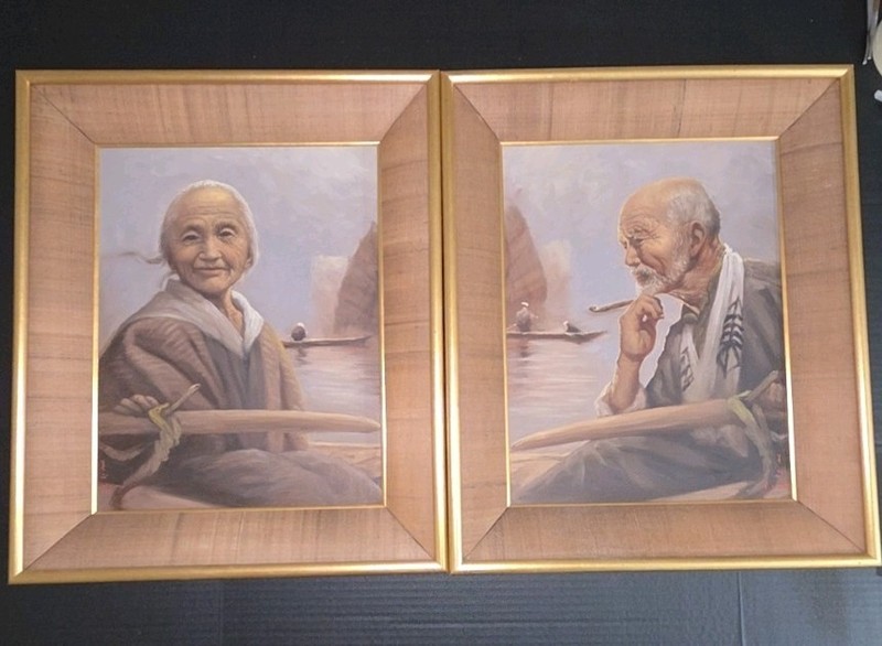 Pair Original Arisu Bizan Signed Oil Painting Japanese Fisherman Portrait Framed