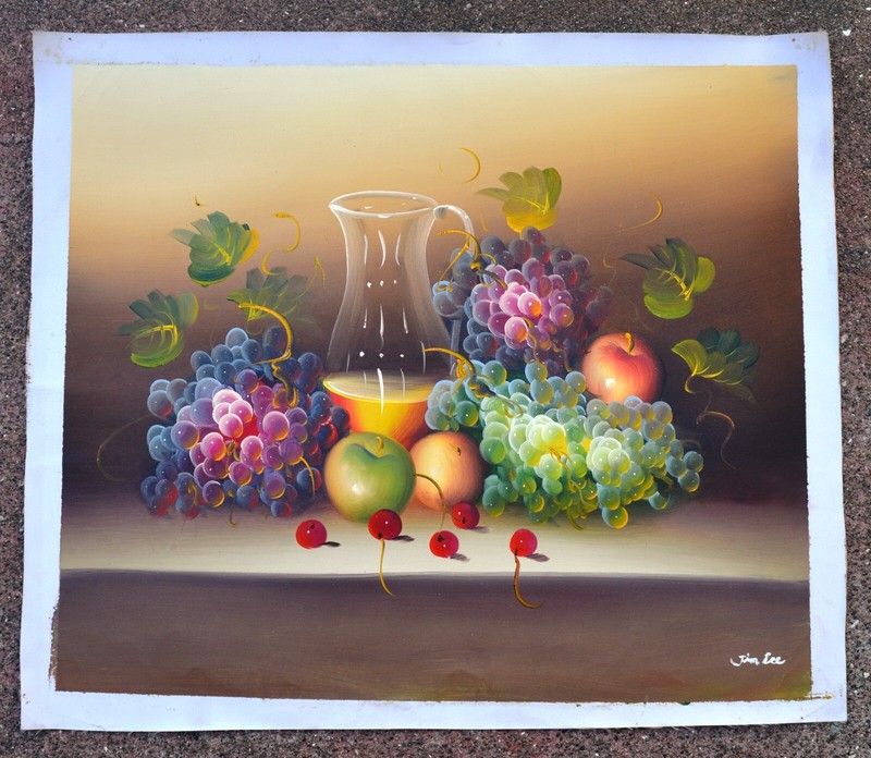 FRUIT GRAPE APPLE CHERRY HAND PAINTED OIL PAINTING ART 20X24″ ON CANVAS GIFT 238