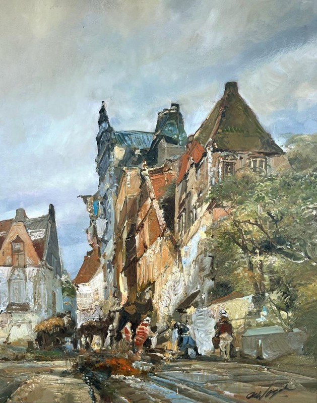 Vintage Dutch Oil Painting European Art Cityscape Landscape Artist Signed