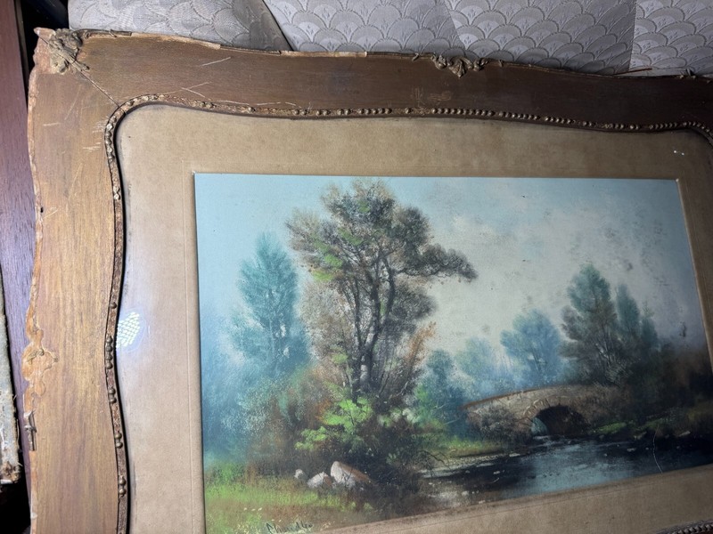 William Henry Chandler (1854 - 1928) "Stone Bridge Scene" Pastel Painting-Framed gallery