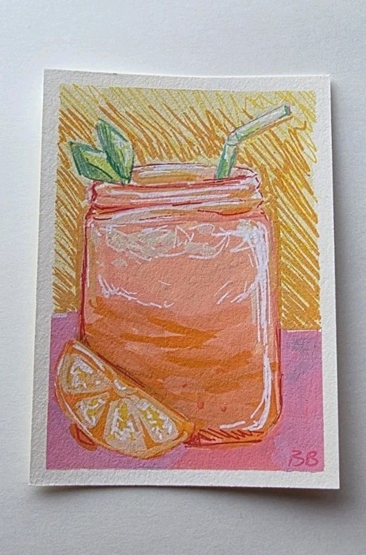 ACEO Card Artist Card Cute Orange Drink. Measurements: 2.5 X3.5 Inches.