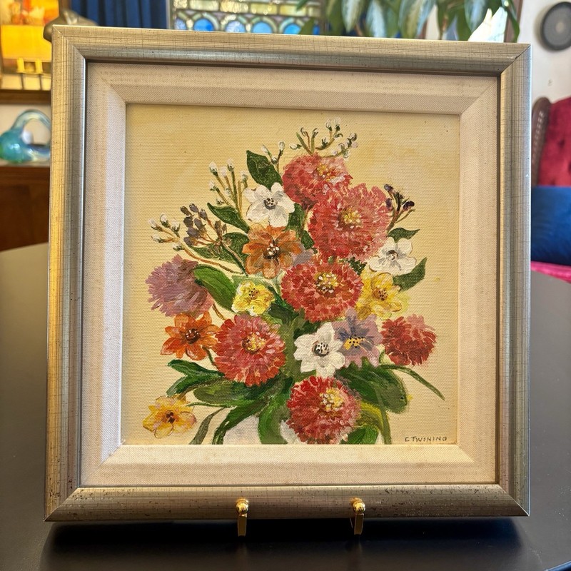 Vtg Original Zinnia Still Life Painting Bright Floral Bouquet Square Framed Art gallery