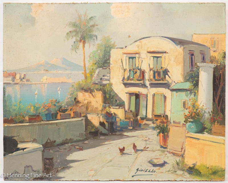Vintage Impressionist Oil Painting Bay of Naples, Italy Vesuvius Signed 9.5×12″