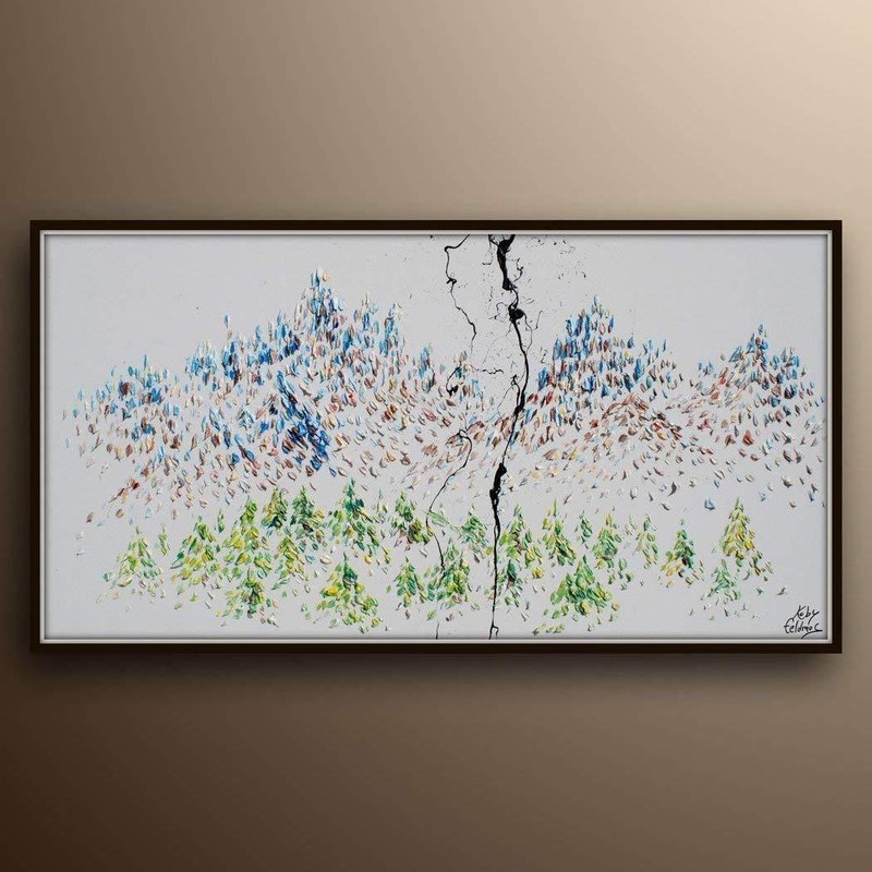 Nature painting 55″, trees and mountains in a calming composition, handmade
