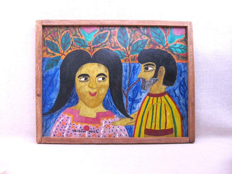 Vintage Folk Art Couple Portrait Painting, Framed Original Outsider Primitive