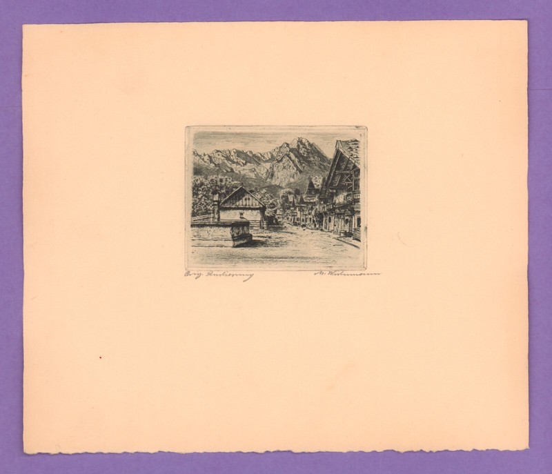 Etching: Village & Mountains . Signed. A1