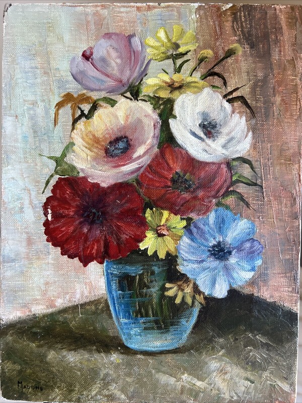 Vintage Oil Painting PANEL – Bouquet of Peonies Signed By MAURINE