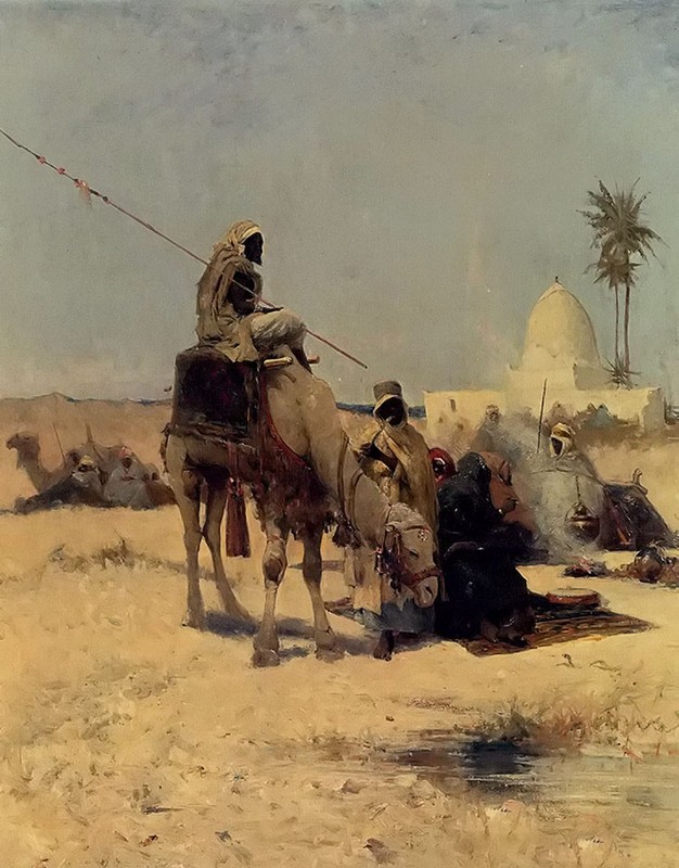 Oil painting dudley hardy – the caravan arab people with camel in the desert art