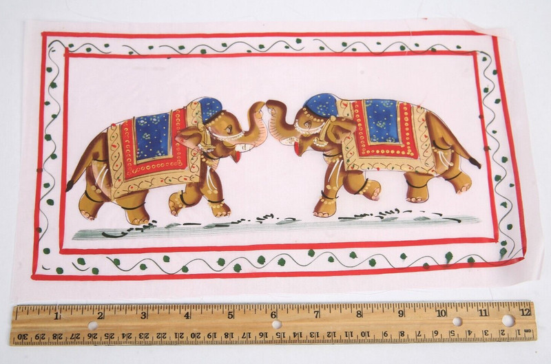 Vintage Indian Elephant Pair Trunk Up Silk Painting on Fabric Hand Painted 12.7" gallery