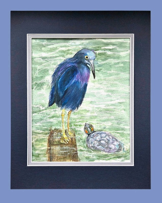 Watercolor Painting Fisherman’s Bird Turtle Surprise Amature Art *Please Read