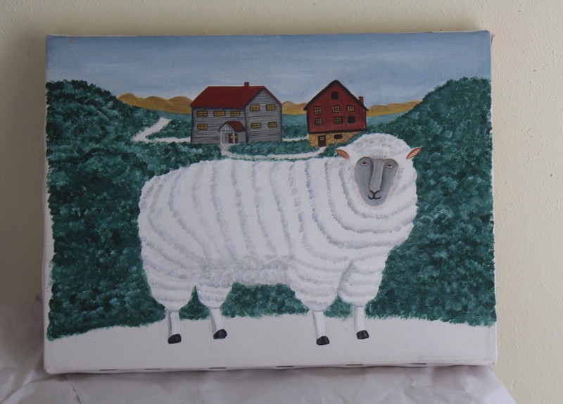 Estate Unsigned Folk-Art Primitive Painting of a Sheep -Very Charming, Unframed