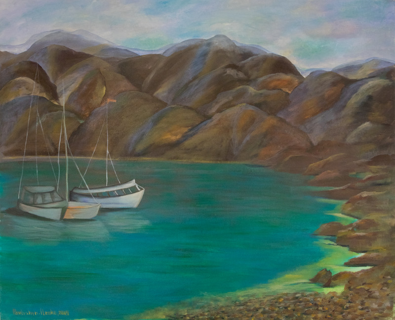 art 714 Original Oil Painting seascape ships 32.5 × 38 in Montenegrin Bay