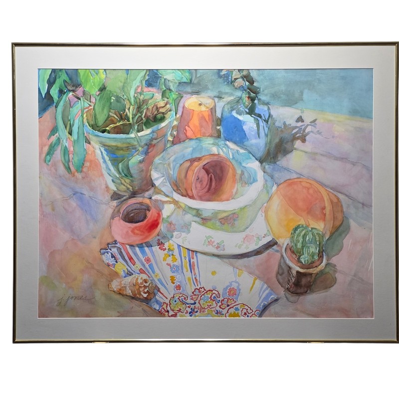 Jane E Jones Original Watercolor Abstract Still Life Framed 31×23 Signed
