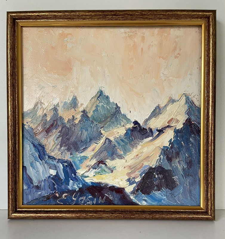 Original oil painting Sunlit Mountain Peak Textured Alpine Landscape Art 8×8