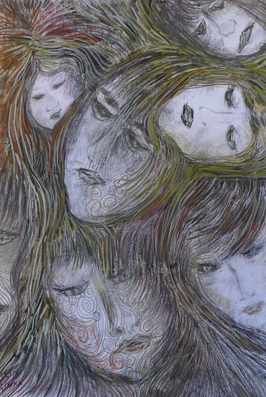 ORIGINAL FEMALE DRAWING 13 X 9 INCH BROWND BLACKS PENCILS BY RIVKA FILIIN gallery