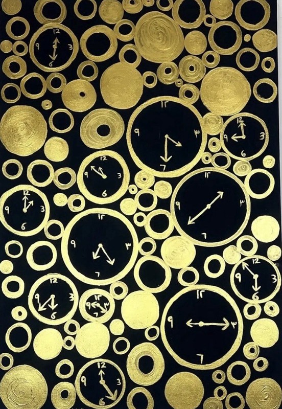 Abstract Gold Clocks Circles Painting on Black Canvas Modern Art Acrylic