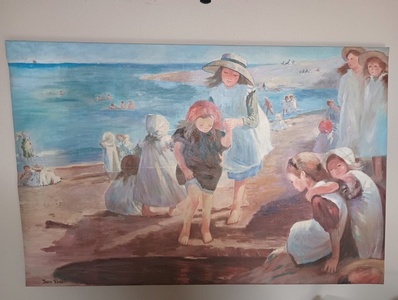 Original Juan Rosell Impressionism Beach Scene Painting On Canvas Signed 23"X35" gallery